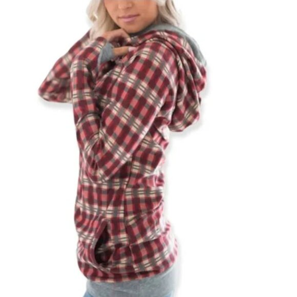 Ampersand Avenue Gray/Red Plaid Double Hood Hoodie Knit Sweatshirt - Picture 2 of 11